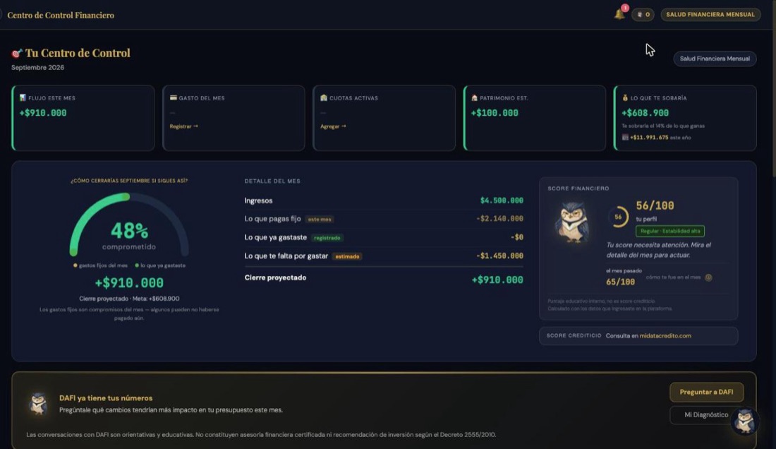 Centro de control con tu score financiero