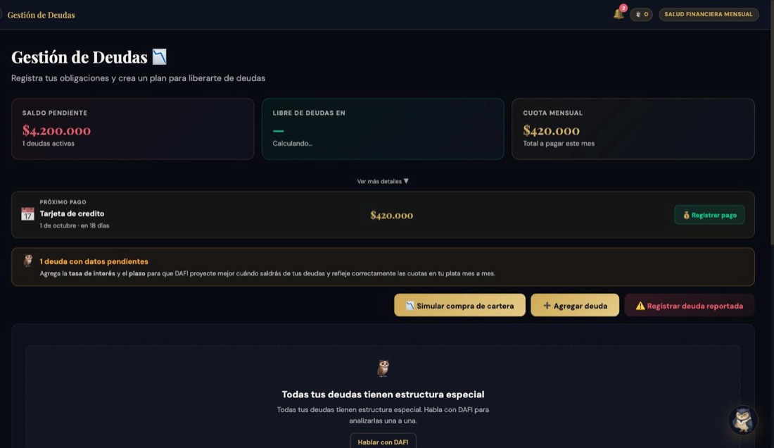 Gestión de deudas con saldo pendiente y cuota mensual